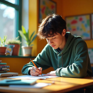 University student writing in a vibrant study environment.