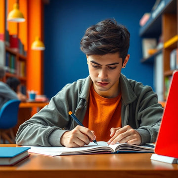 University student writing in a colorful study environment.