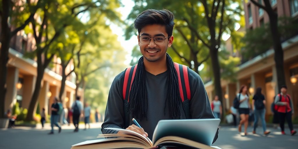 विश्वविद्यालय के छात्र एक जीवंत परिसर के वातावरण में।