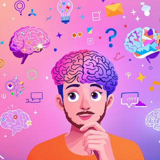 Person thinking with colorful brain illustrations around them.