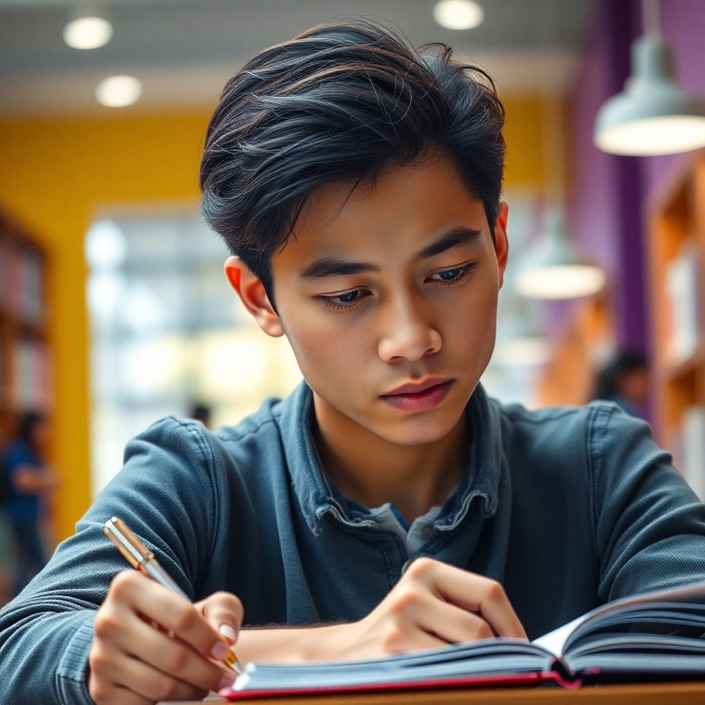 Estudante universitário escrevendo em um ambiente colorido.