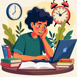 छात्र लैपटॉप पर काम कर रहा है, किताबों और घड़ी के साथ