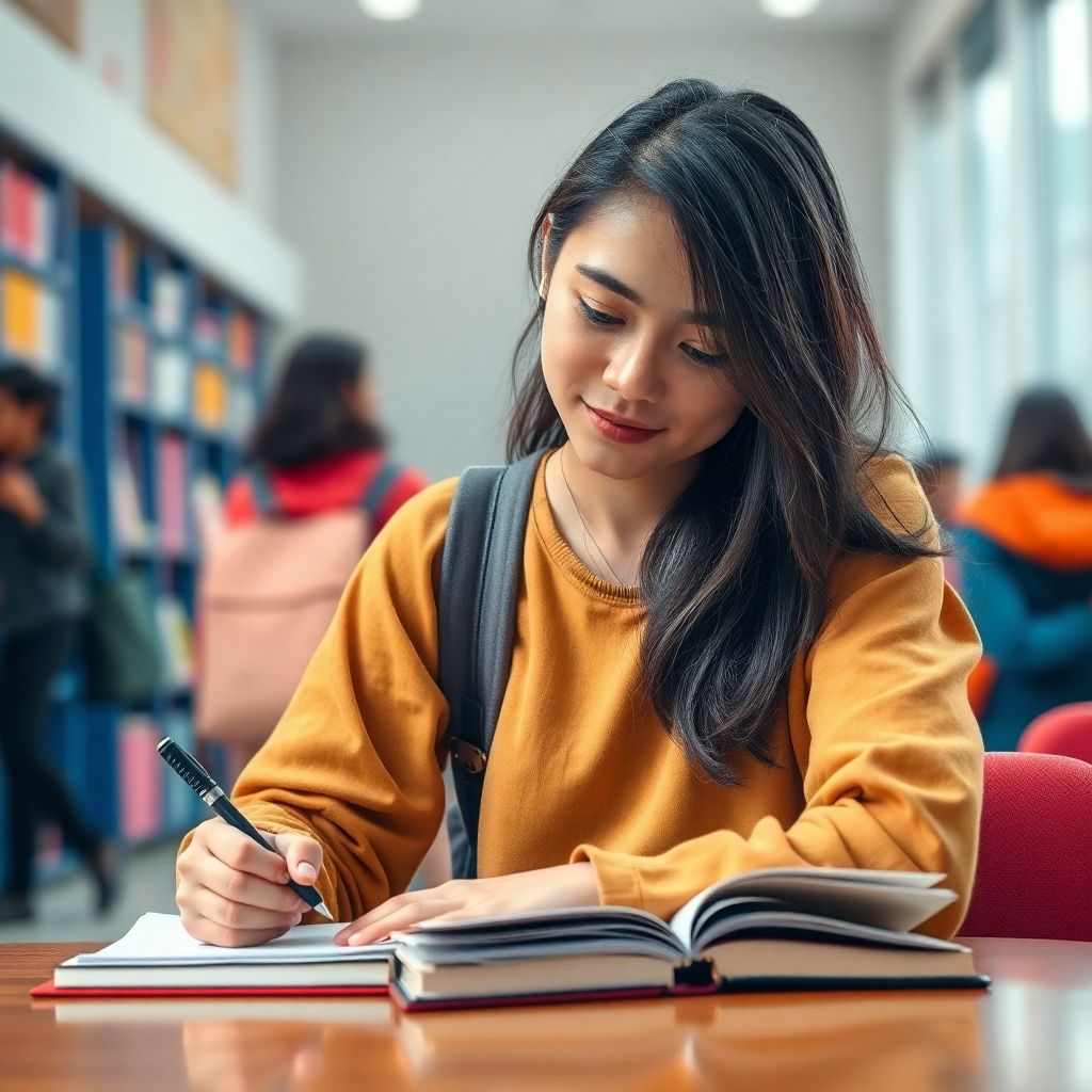 University student writing in a vibrant, colorful environment.