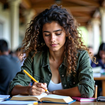 Student studying in a colourful university setting.