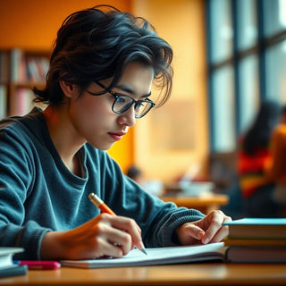 University student writing in a vibrant study environment.