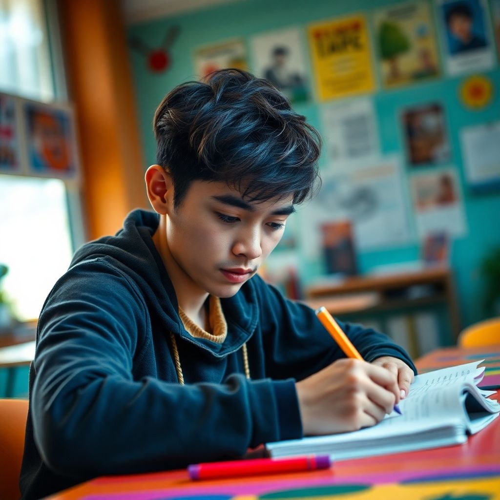 University student writing at a colorful study desk.