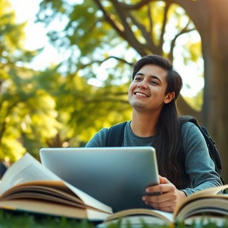 Estudiante universitario en un entorno académico vibrante.
