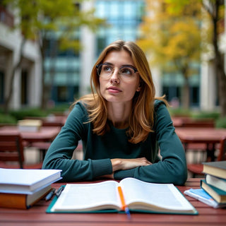 Étudiant dans un cadre universitaire coloré, travaillant sur sa thèse.