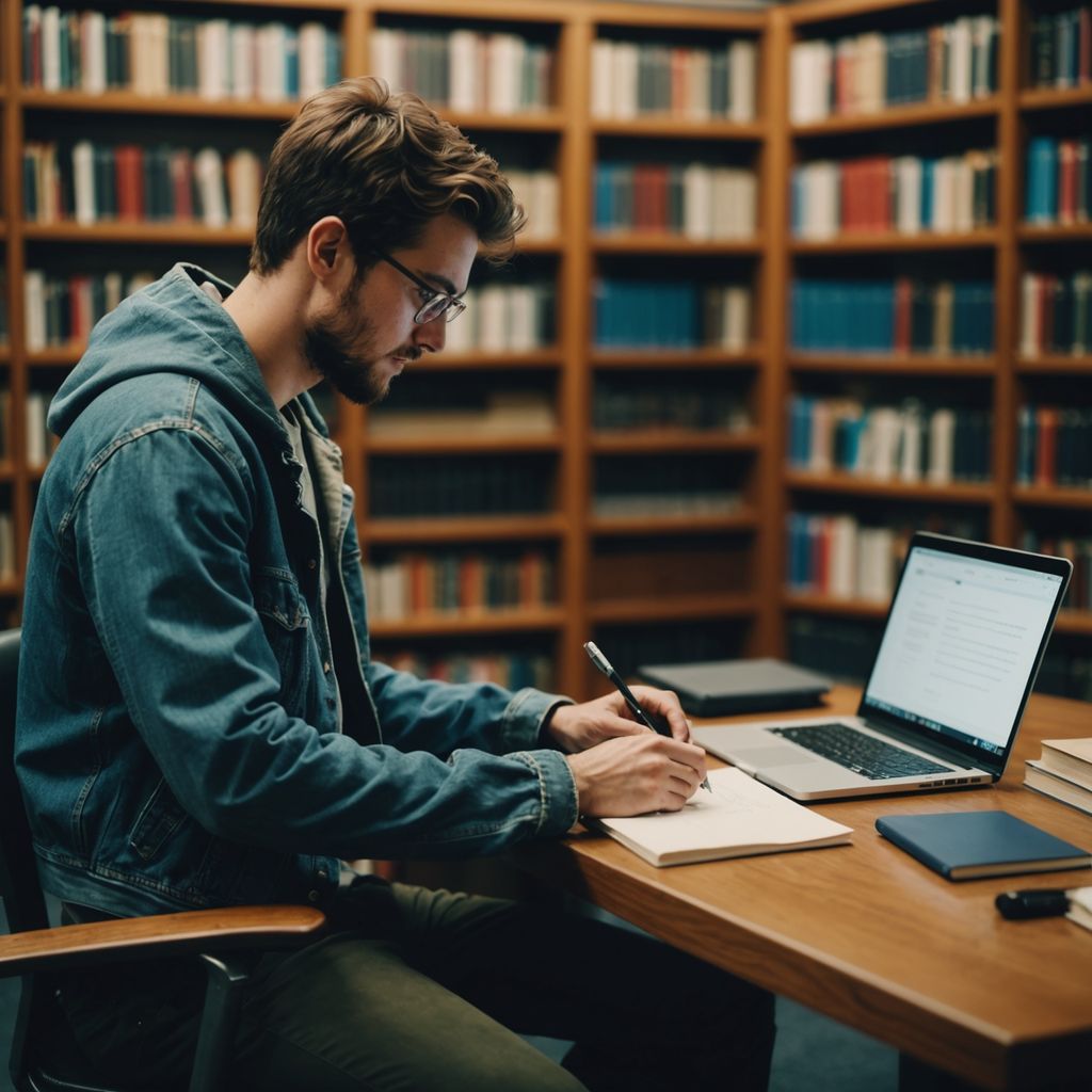 Student writing thesis in library with books and laptop