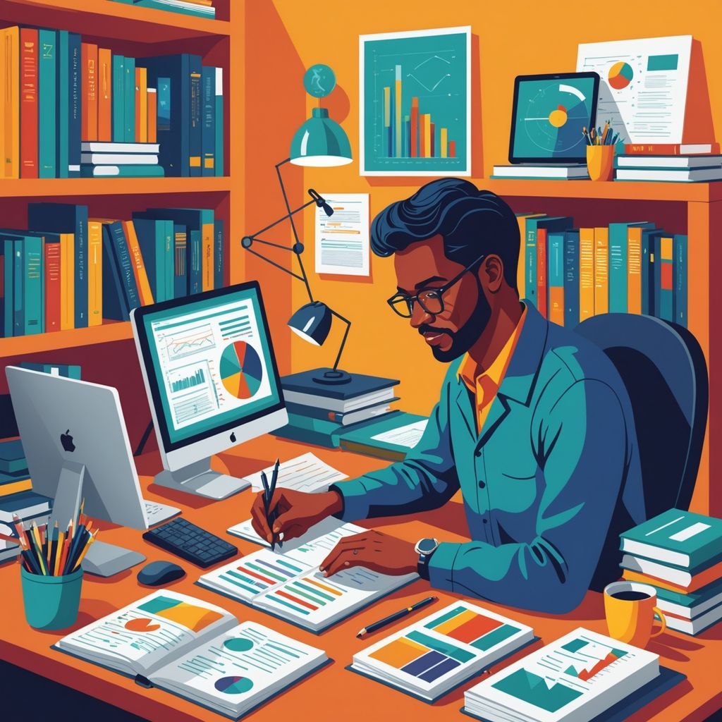 डेस्क पर किताबों और चार्ट के साथ शोधकर्ता