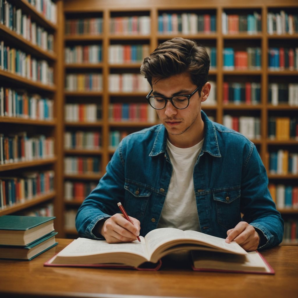 Estudiante investigando en biblioteca para revisión de literatura