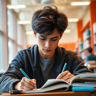 University student writing in a vibrant study environment.