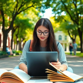 University student studying on a vibrant campus surrounded by books.