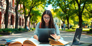 University student studying on a vibrant campus surrounded by books.