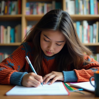 Estudante universitário escrevendo em um ambiente colorido.