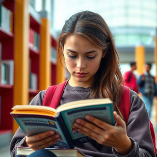 Estudante universitário lendo em um ambiente colorido.