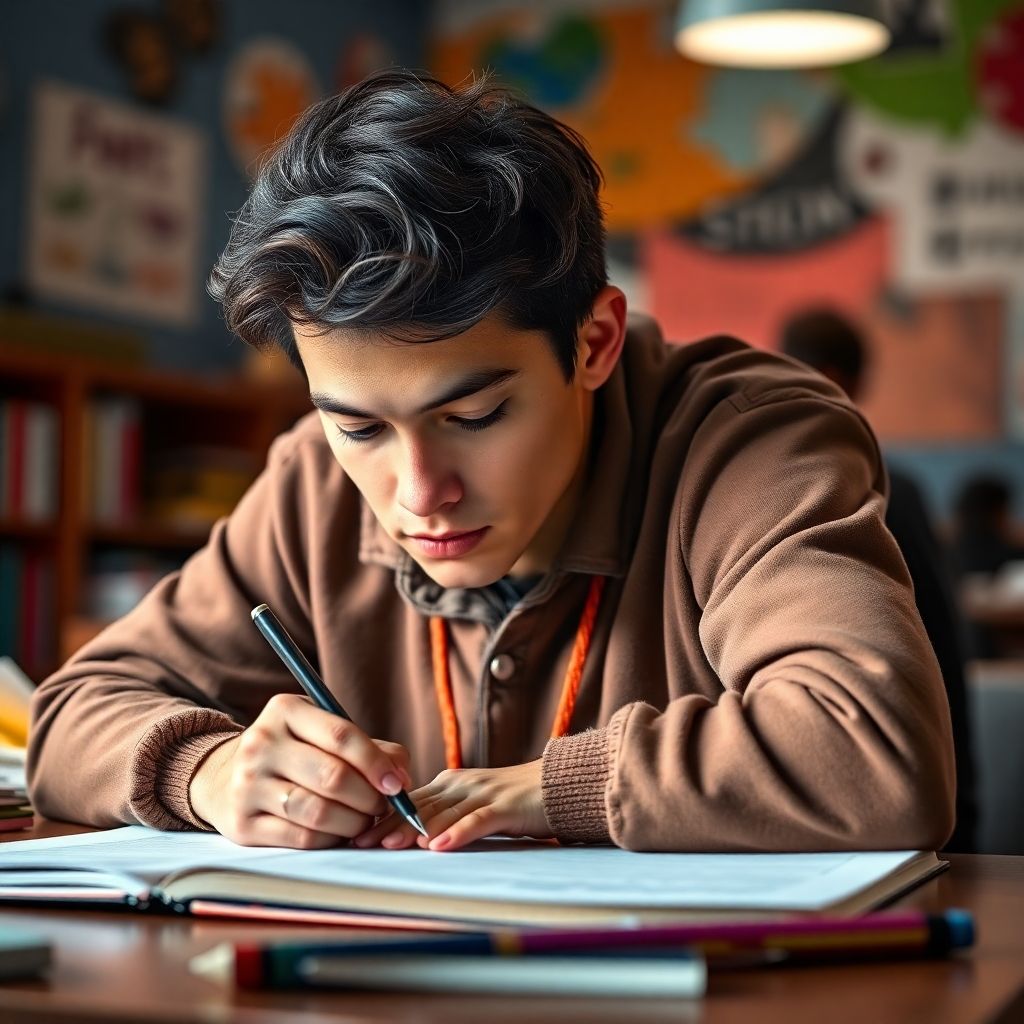 Étudiant universitaire écrivant dans un environnement coloré.