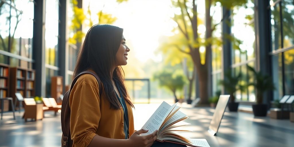 University student in a vibrant campus environment with books.