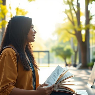 University student in a vibrant campus environment with books.