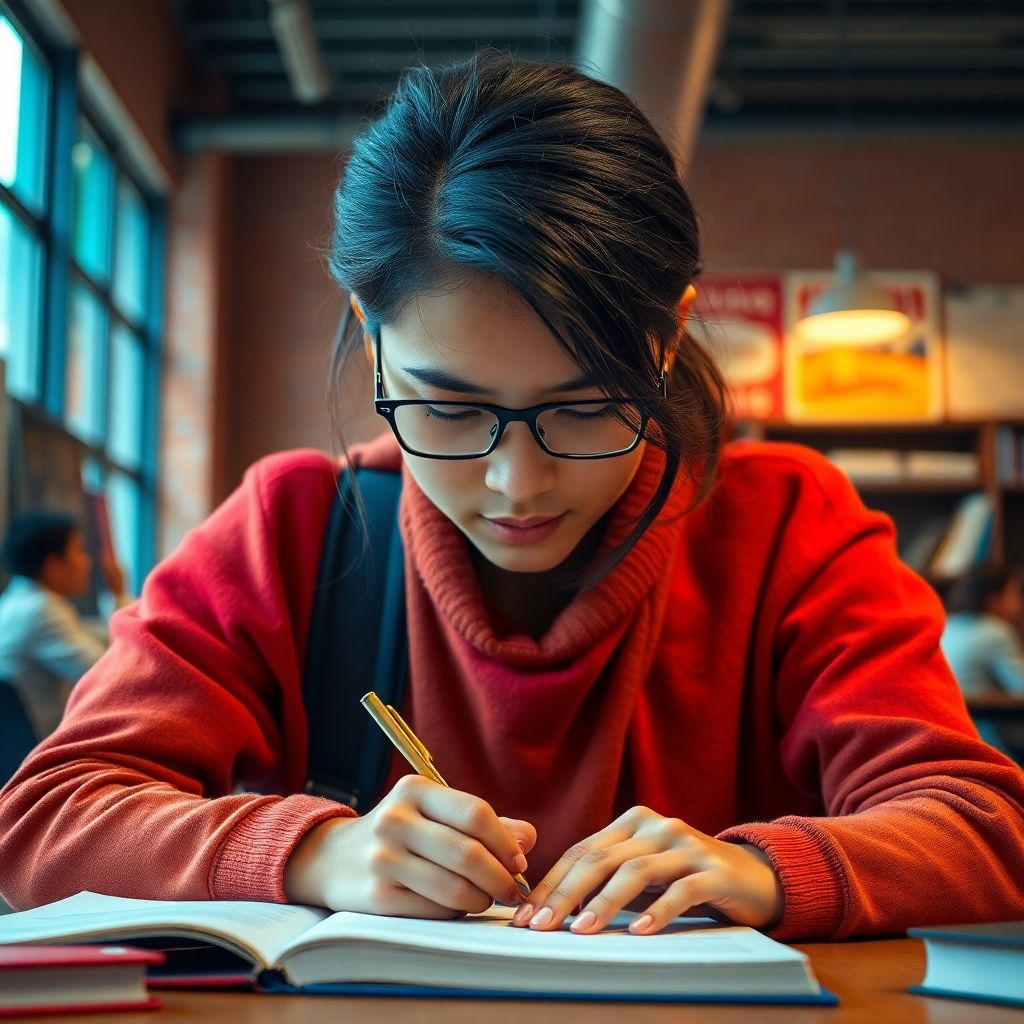 University student writing in a colorful study environment.