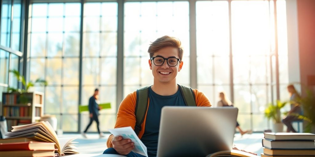 University student in a vibrant campus setting with books.