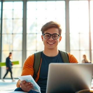 University student in a vibrant campus setting with books.