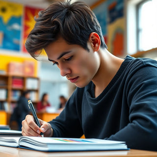 University student writing in a vibrant study environment.