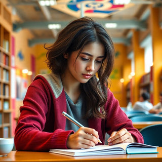 Estudante universitário escrevendo em um ambiente colorido.