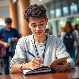 University student writing in a vibrant, colorful environment.