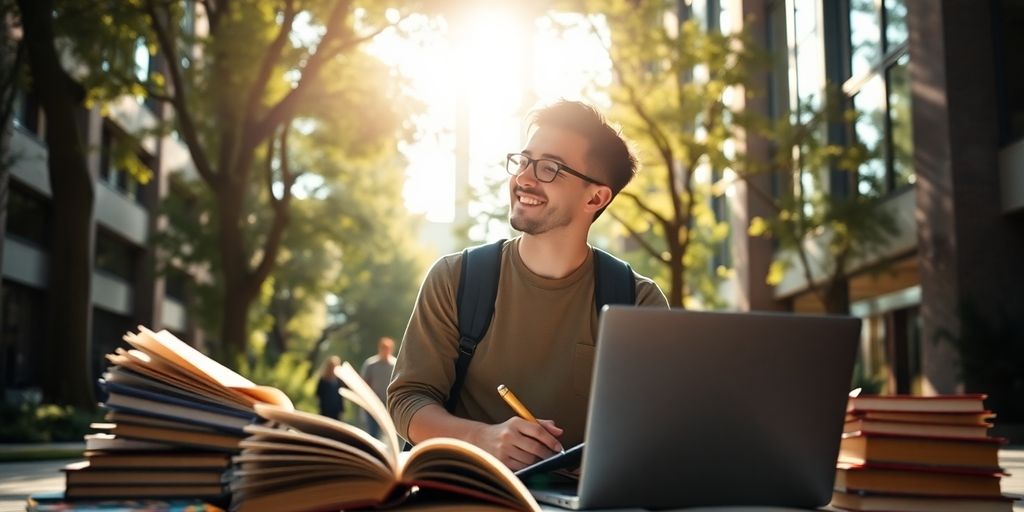 University student in a vibrant campus environment with books.