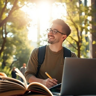 University student in a vibrant campus environment with books.