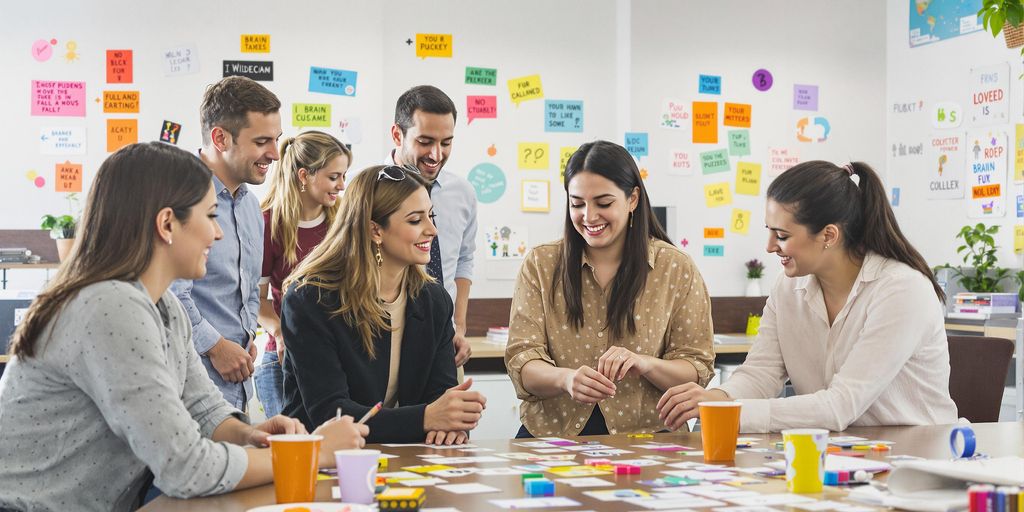 Diverse employees collaborating on puzzles in an office setting.