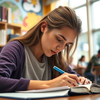 University student writing in a colorful study environment.