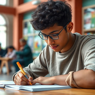 Estudante universitário concentrado escrevendo em sua mesa.