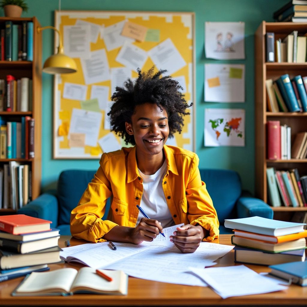 Estudiante generando ideas de tesis con libros y notas.