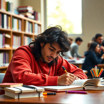 University student writing at a desk in vibrant setting.