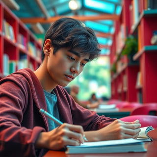 University student writing in a vibrant study space.