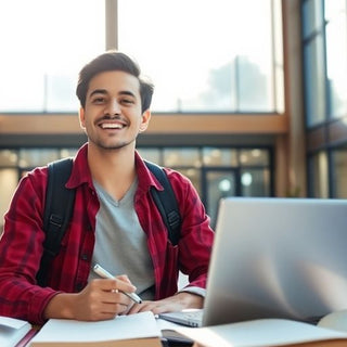 University student in vibrant campus setting with books and laptop.