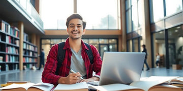 University student in vibrant campus setting with books and laptop.