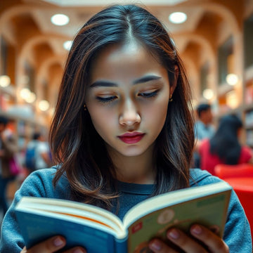 University student reading in a vibrant, colorful setting.