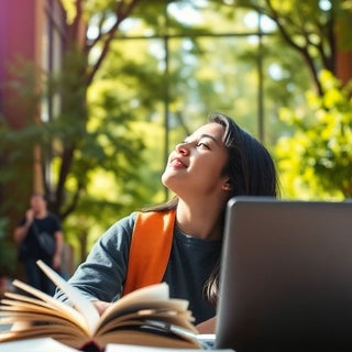 University student in a lively campus with books and laptop.