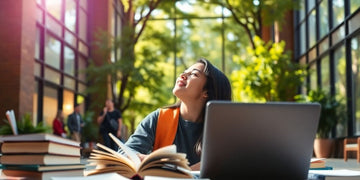 University student in a lively campus with books and laptop.