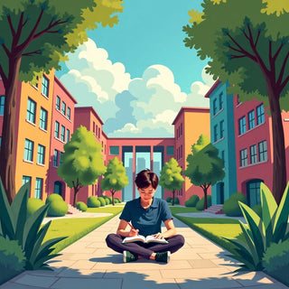 Estudante estudando em um ambiente universitário vibrante.