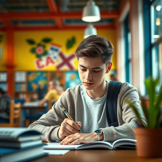 Estudante universitário escrevendo em um ambiente colorido.