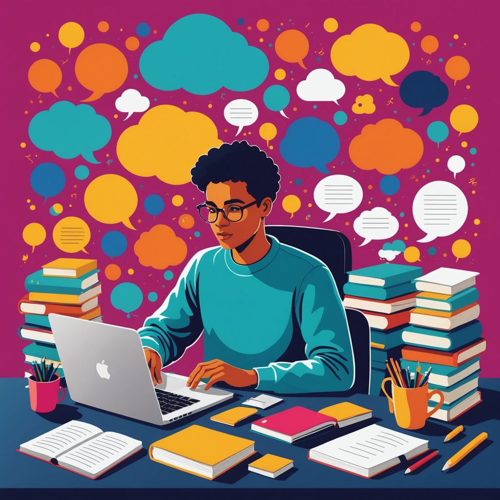 डेस्क पर किताबों और लैपटॉप के साथ छात्र