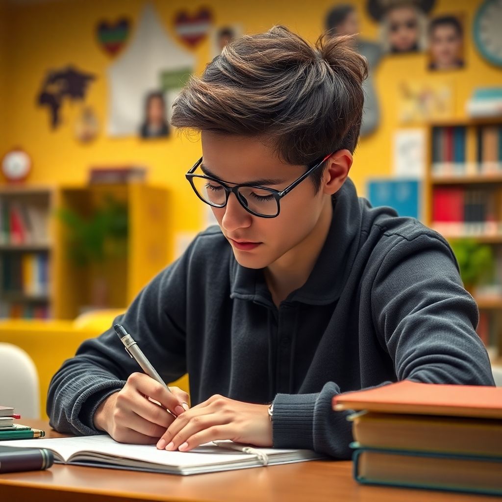 University student writing in a vibrant study environment.