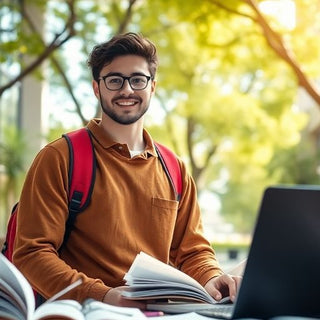 University student in a vibrant campus environment with books.