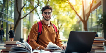 University student in a vibrant campus environment with books.