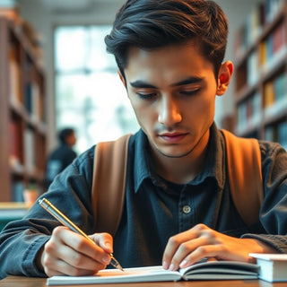 University student writing in a vibrant study environment.