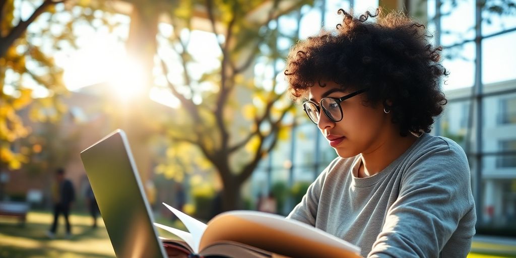 University student studying in a vibrant campus environment.